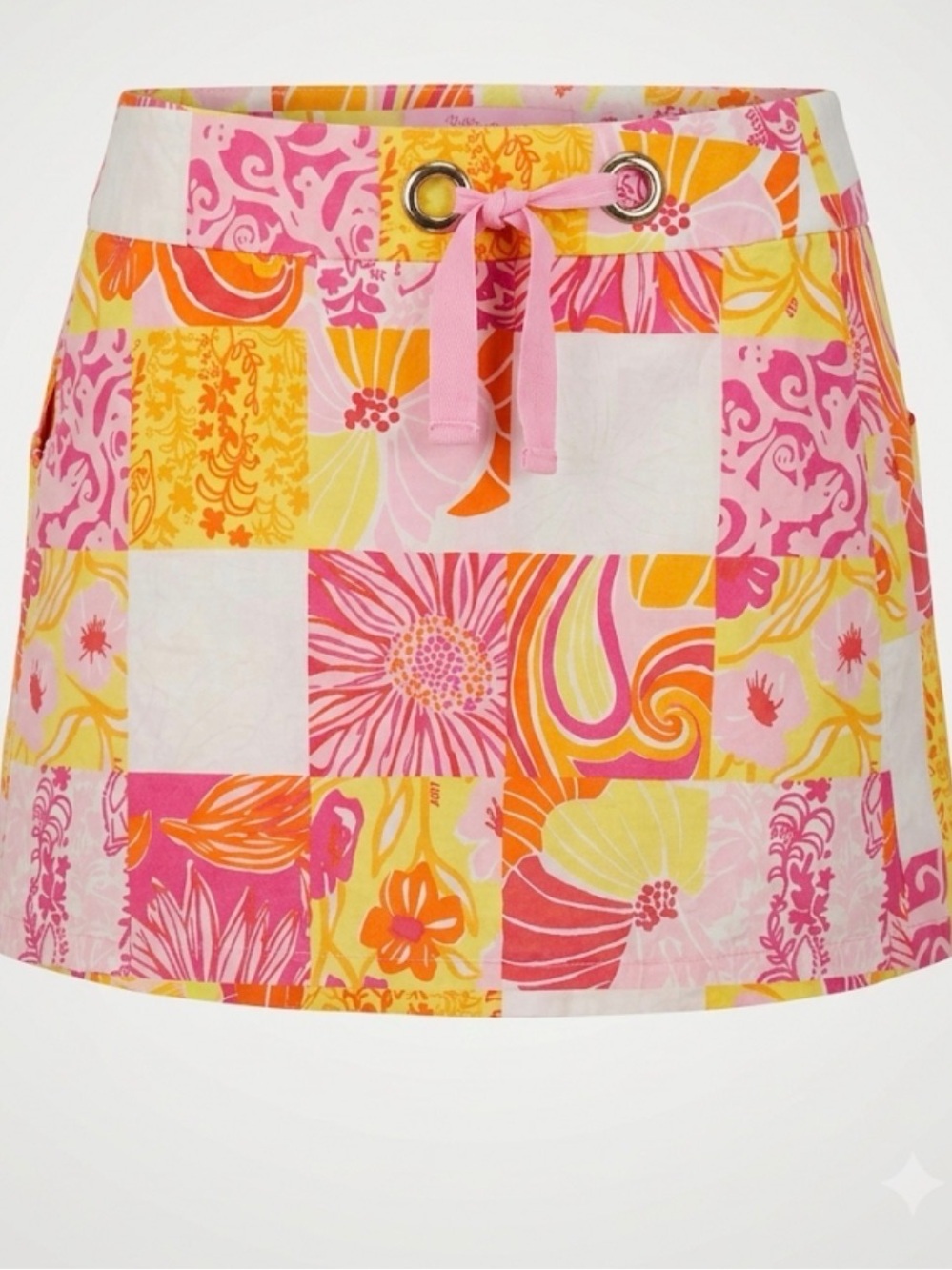Vintage Y2K Lilly Pulitzer Patchwork Floral Mini Skirt Grommet Tie Size 12